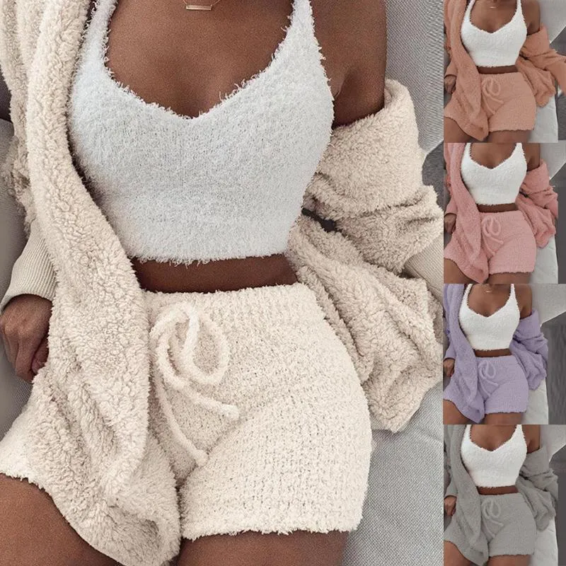 Women 2PCS/Set Sexy Fluffy Velvet Plush Hooded Cardigan Coat Shorts