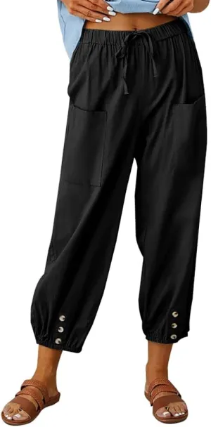 Women Cotton Linen Pants Casual Drawstring High Waisted Loose Plus Size Cropped Pants with Pockets