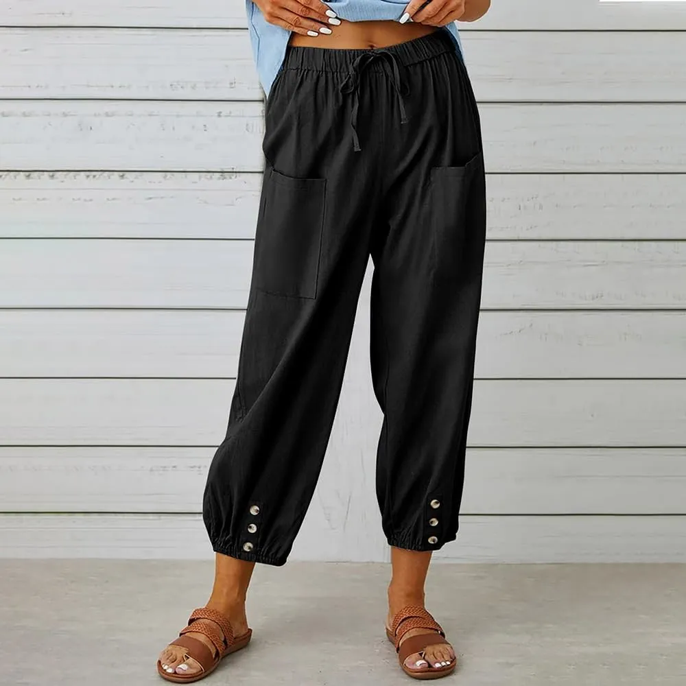 Women Cotton Linen Pants Casual Drawstring High Waisted Loose Plus Size Cropped Pants with Pockets