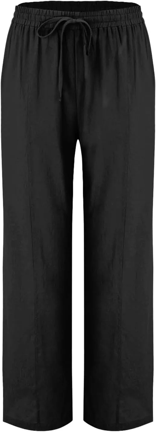 Women Cotton Linen Straight Leg Pants, Summer Lightweight Breathable Work Office Clothes Drawstring Pockets Trousers