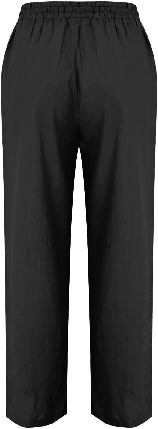 Women Cotton Linen Straight Leg Pants, Summer Lightweight Breathable Work Office Clothes Drawstring Pockets Trousers
