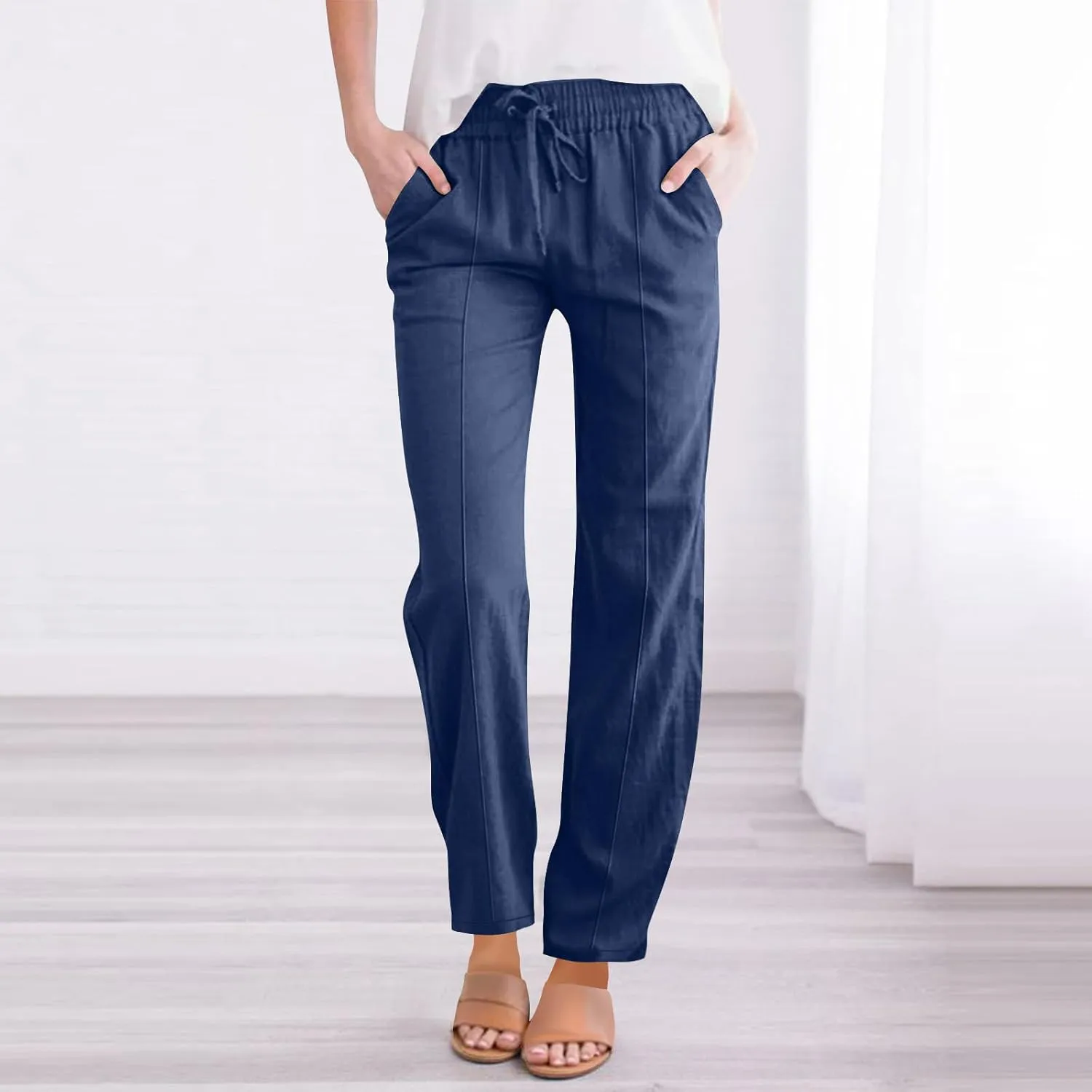 Women Cotton Linen Straight Leg Pants, Summer Lightweight Breathable Work Office Clothes Drawstring Pockets Trousers