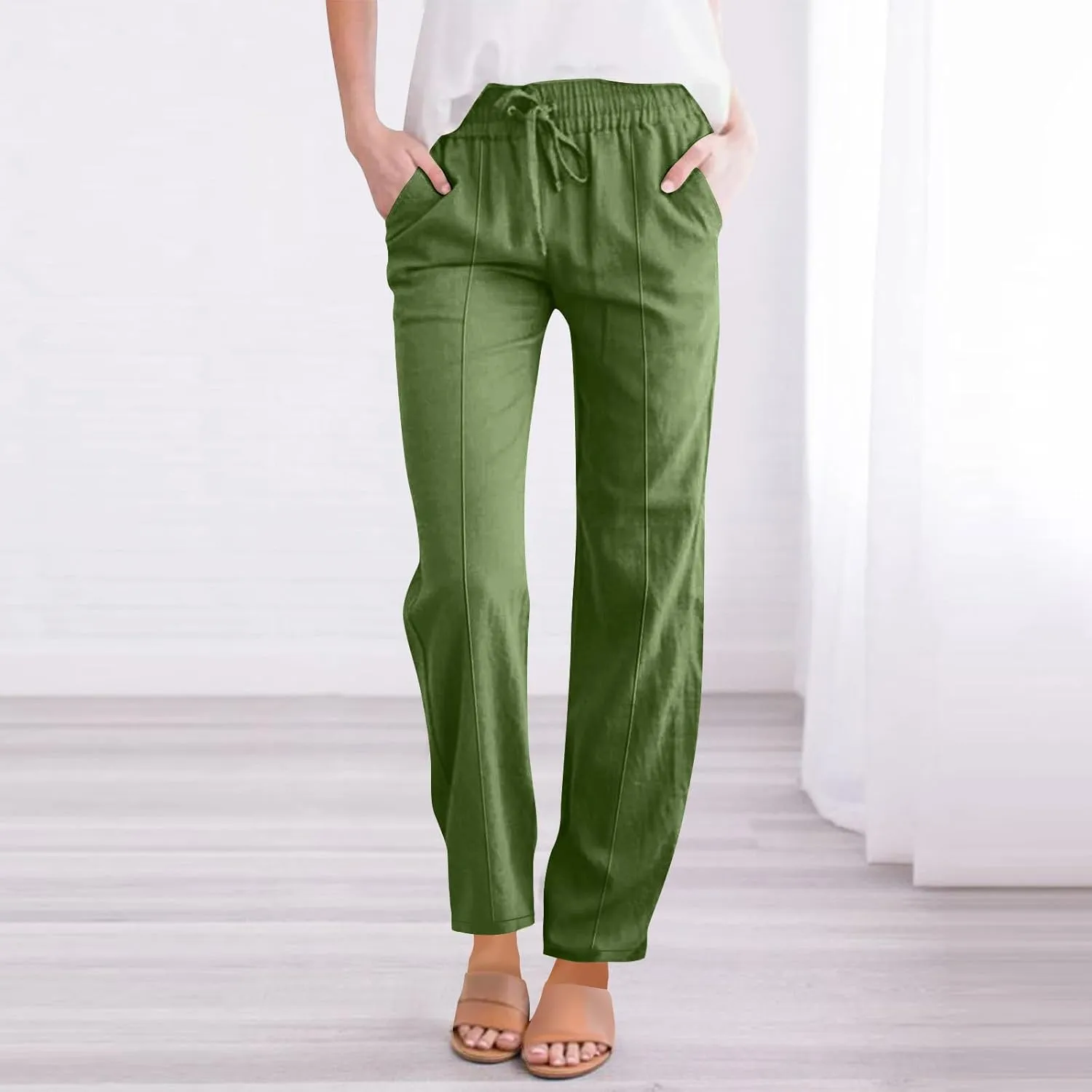 Women Cotton Linen Straight Leg Pants, Summer Lightweight Breathable Work Office Clothes Drawstring Pockets Trousers
