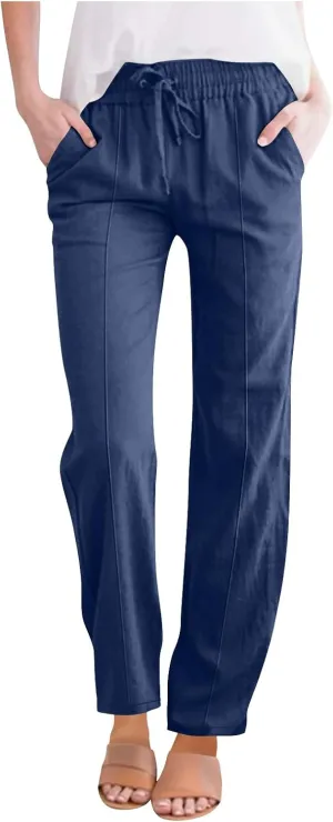 Women Cotton Linen Straight Leg Pants, Summer Lightweight Breathable Work Office Clothes Drawstring Pockets Trousers