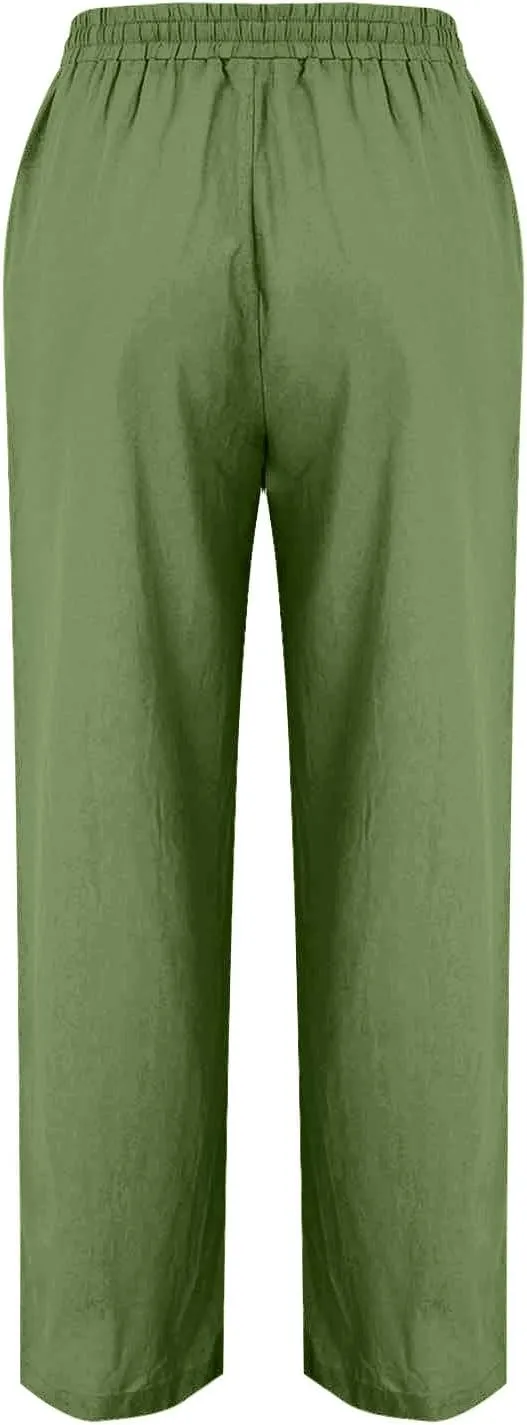 Women Cotton Linen Straight Leg Pants, Summer Lightweight Breathable Work Office Clothes Drawstring Pockets Trousers