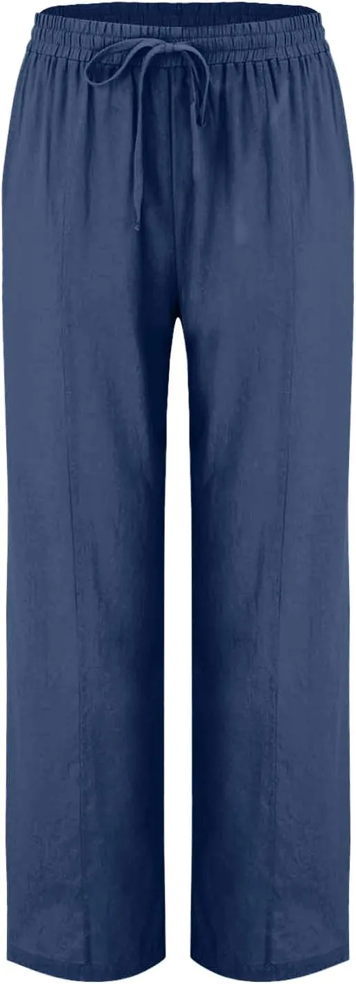 Women Cotton Linen Straight Leg Pants, Summer Lightweight Breathable Work Office Clothes Drawstring Pockets Trousers