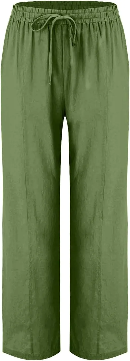 Women Cotton Linen Straight Leg Pants, Summer Lightweight Breathable Work Office Clothes Drawstring Pockets Trousers