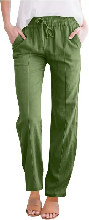 Women Cotton Linen Straight Leg Pants, Summer Lightweight Breathable Work Office Clothes Drawstring Pockets Trousers