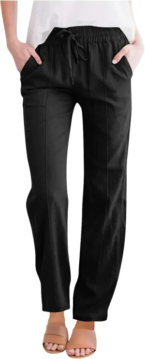 Women Cotton Linen Straight Leg Pants, Summer Lightweight Breathable Work Office Clothes Drawstring Pockets Trousers
