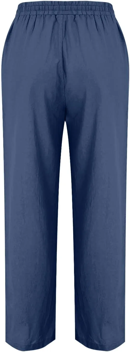 Women Cotton Linen Straight Leg Pants, Summer Lightweight Breathable Work Office Clothes Drawstring Pockets Trousers