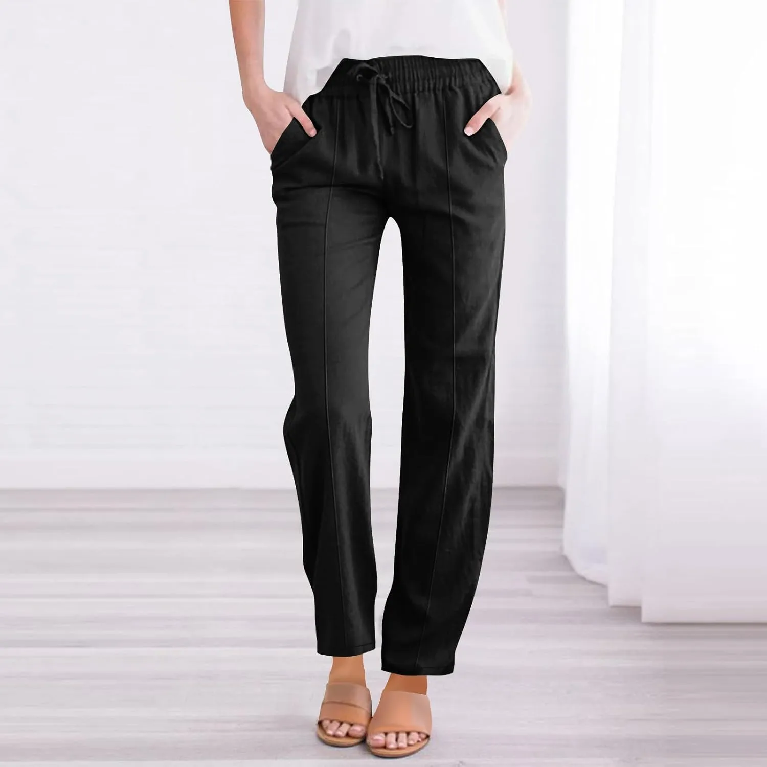 Women Cotton Linen Straight Leg Pants, Summer Lightweight Breathable Work Office Clothes Drawstring Pockets Trousers