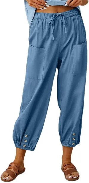 Women Elastic High Waist Lace Up Loose Ankle Trousers Wide Leg Straight Cotton Linen Harem Pants
