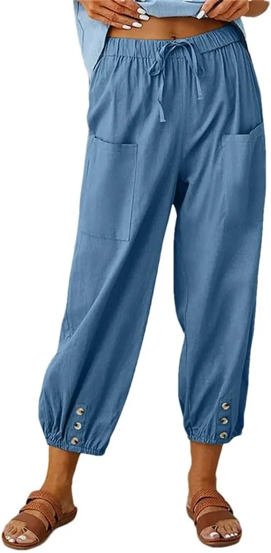 Women Elastic High Waist Lace Up Loose Ankle Trousers Wide Leg Straight Cotton Linen Harem Pants