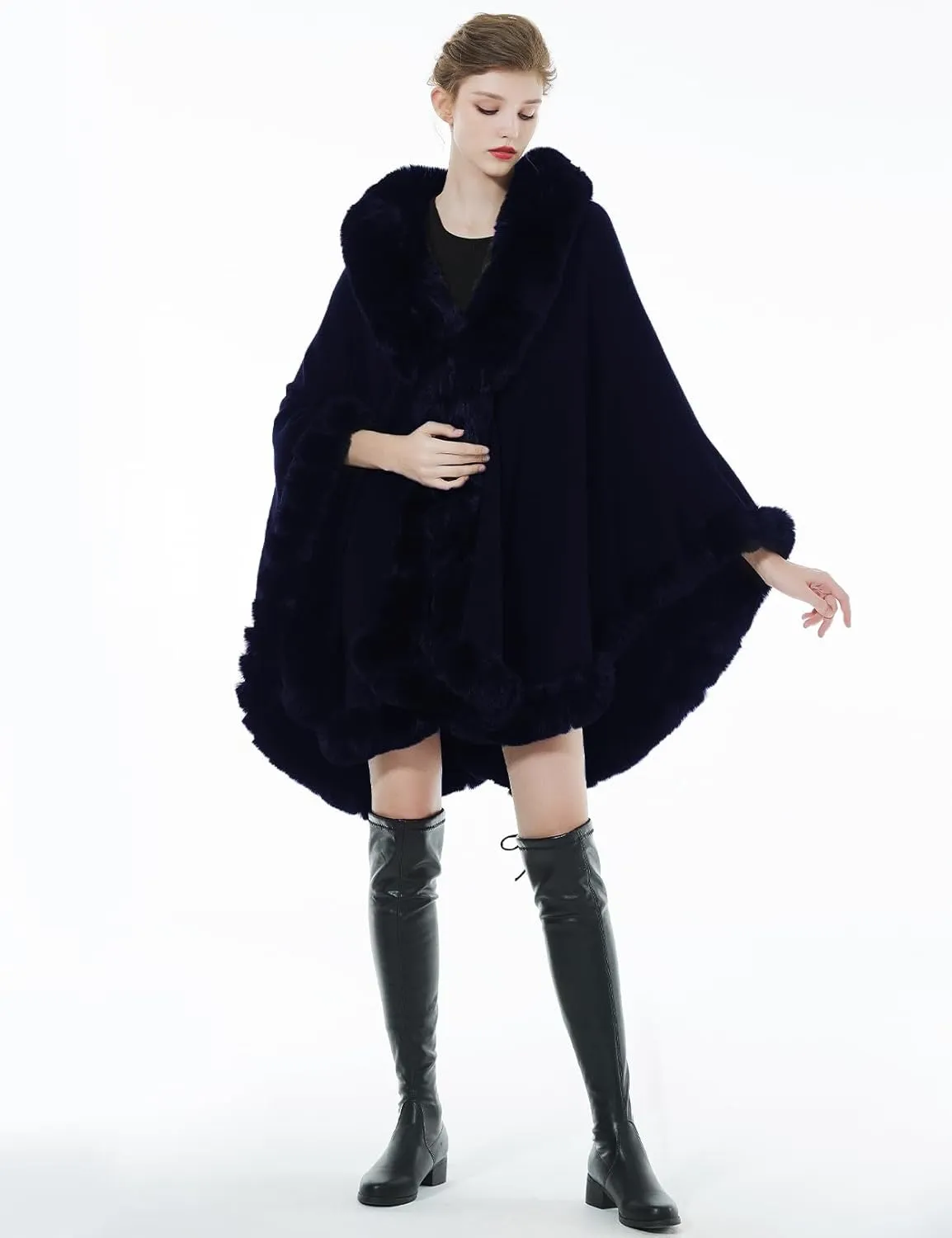 Women Faux Fur Shawl Wrap Winter Cape Poncho with Fur Trim Sleeveless Cardigan Dressy Cloak Coat