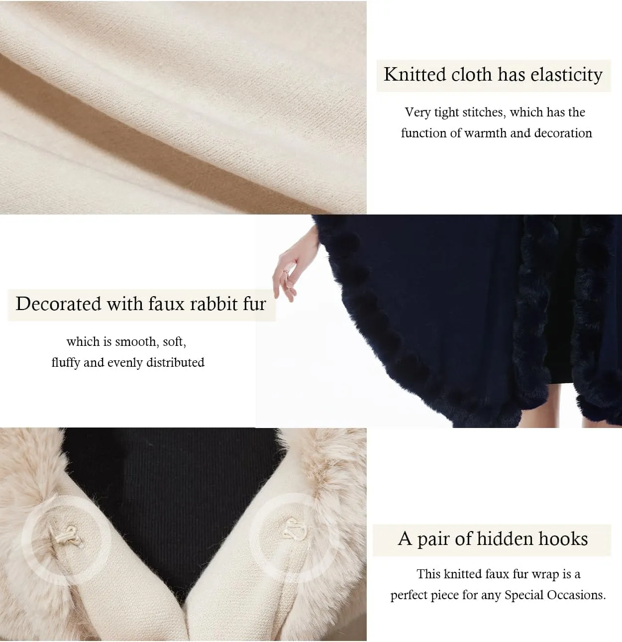 Women Faux Fur Shawl Wrap Winter Cape Poncho with Fur Trim Sleeveless Cardigan Dressy Cloak Coat