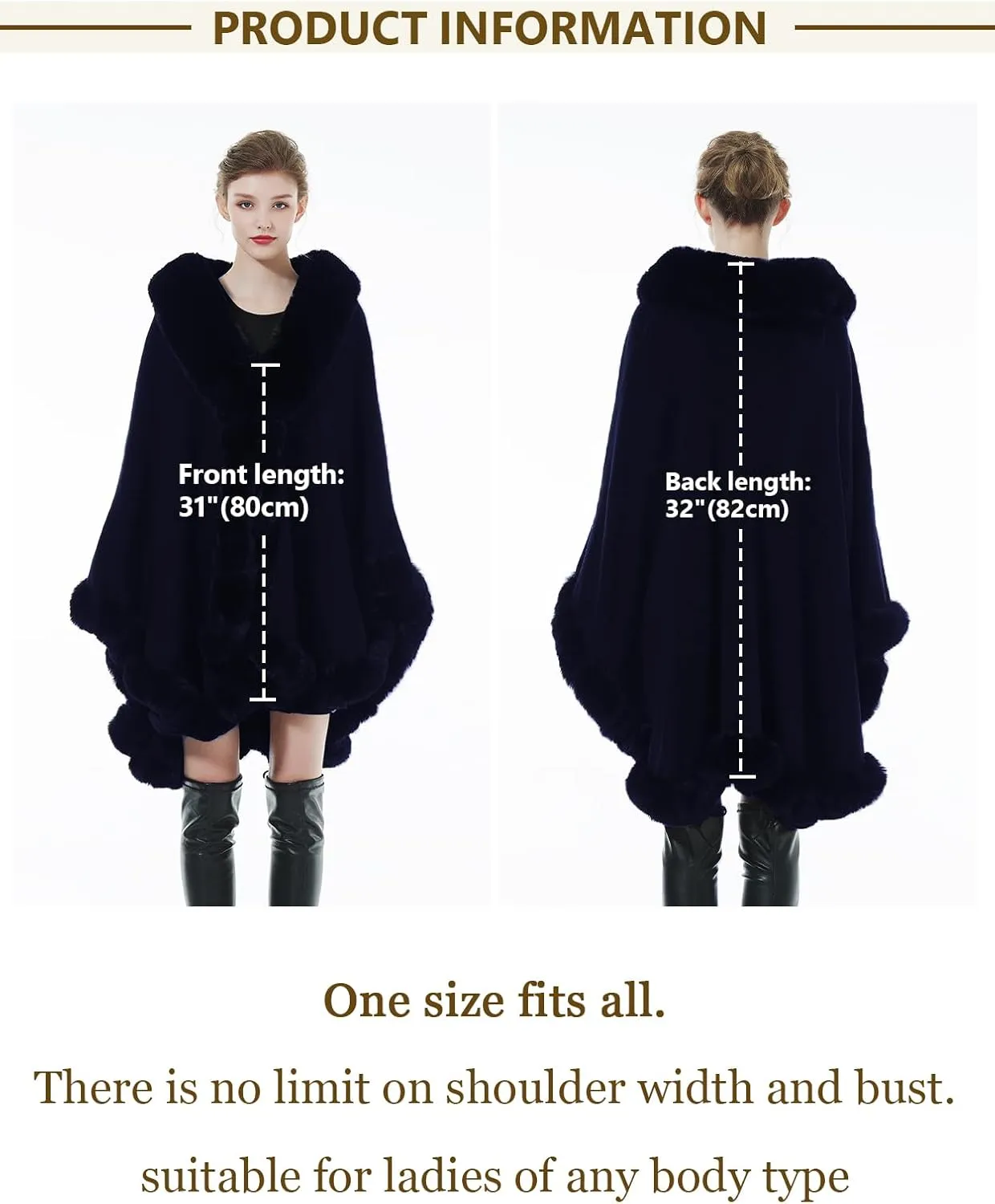 Women Faux Fur Shawl Wrap Winter Cape Poncho with Fur Trim Sleeveless Cardigan Dressy Cloak Coat
