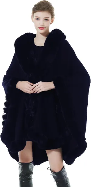 Women Faux Fur Shawl Wrap Winter Cape Poncho with Fur Trim Sleeveless Cardigan Dressy Cloak Coat