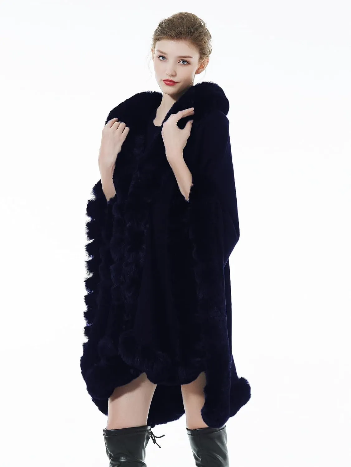 Women Faux Fur Shawl Wrap Winter Cape Poncho with Fur Trim Sleeveless Cardigan Dressy Cloak Coat