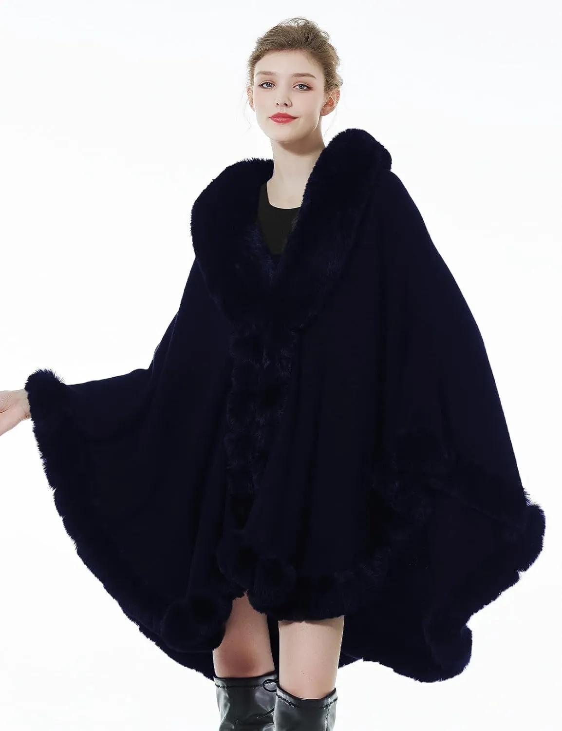 Women Faux Fur Shawl Wrap Winter Cape Poncho with Fur Trim Sleeveless Cardigan Dressy Cloak Coat