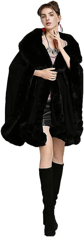Women Fur Collar Cape Thick Cardigan Coats Fall Winter Faux Fur Shawl Cloak for Dress Evening Party