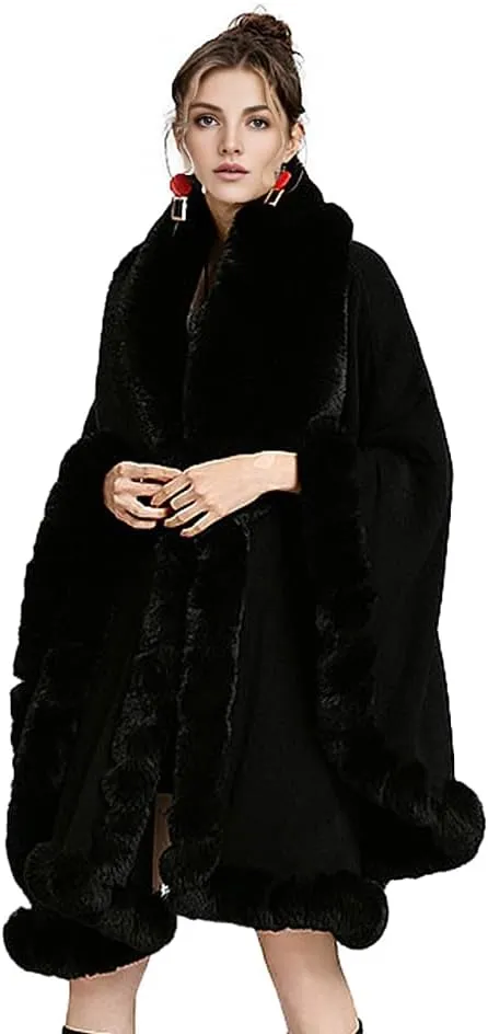 Women Fur Collar Cape Thick Cardigan Coats Fall Winter Faux Fur Shawl Cloak for Dress Evening Party