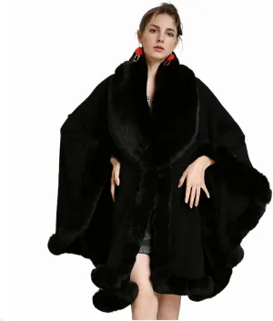 Women Fur Collar Cape Thick Cardigan Coats Fall Winter Faux Fur Shawl Cloak for Dress Evening Party