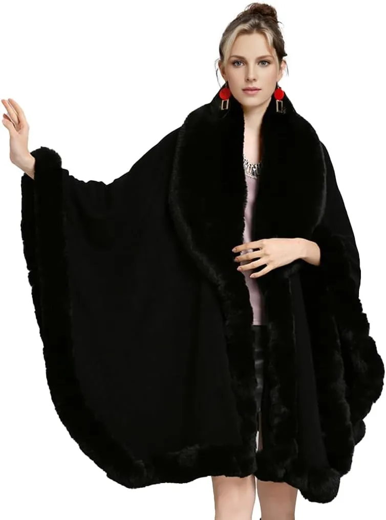 Women Fur Collar Cape Thick Cardigan Coats Fall Winter Faux Fur Shawl Cloak for Dress Evening Party