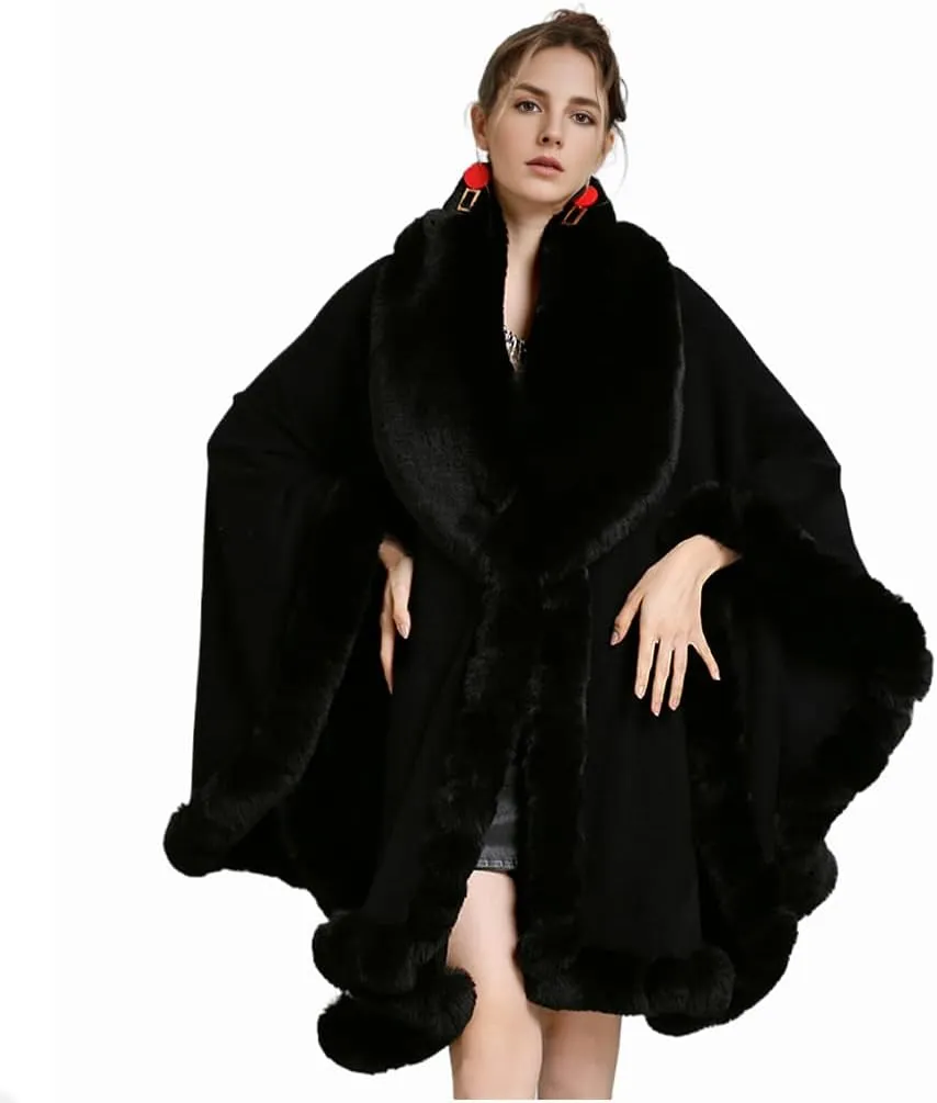 Women Fur Collar Cape Thick Cardigan Coats Fall Winter Faux Fur Shawl Cloak for Dress Evening Party