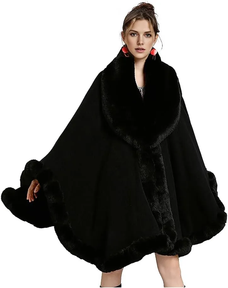 Women Fur Collar Cape Thick Cardigan Coats Fall Winter Faux Fur Shawl Cloak for Dress Evening Party