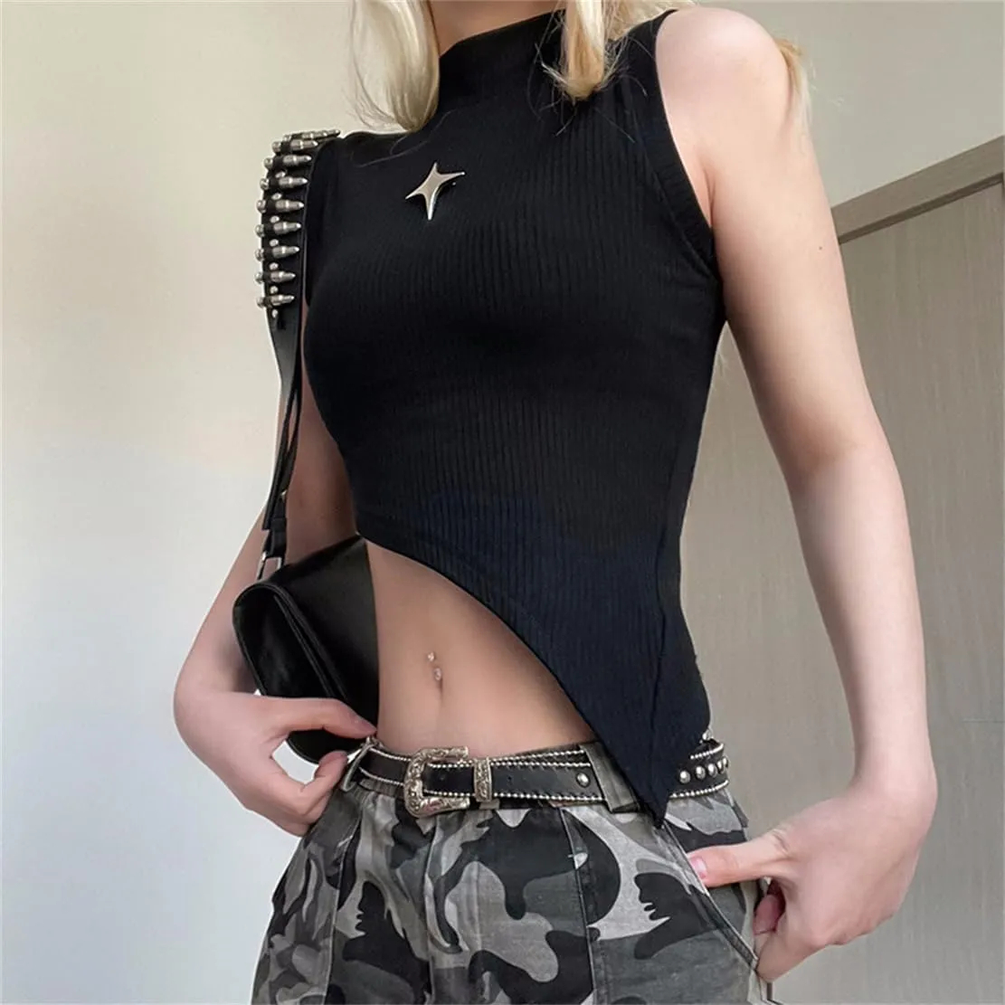 Women Gothic Crop Tank Top Sleeveless Camisole Tops Y2K Grunge Blouse Cami Shirt
