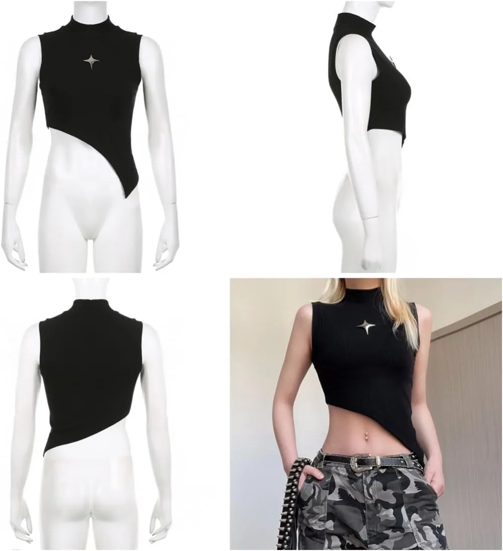 Women Gothic Crop Tank Top Sleeveless Camisole Tops Y2K Grunge Blouse Cami Shirt