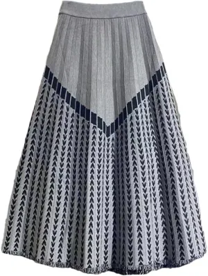 Women High Waist Knitted Midi Skirt Black Gray Beige A-Line Vintage Print Pleated Skirt