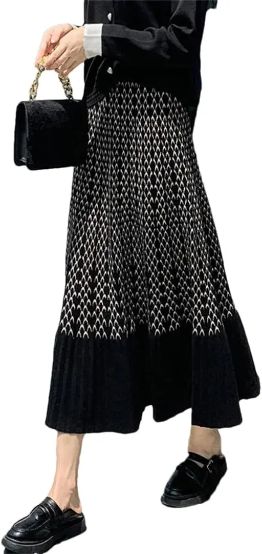 Women High Waist Knitted Midi Skirt Pleated Elegant Plaid Skirts Beige Black