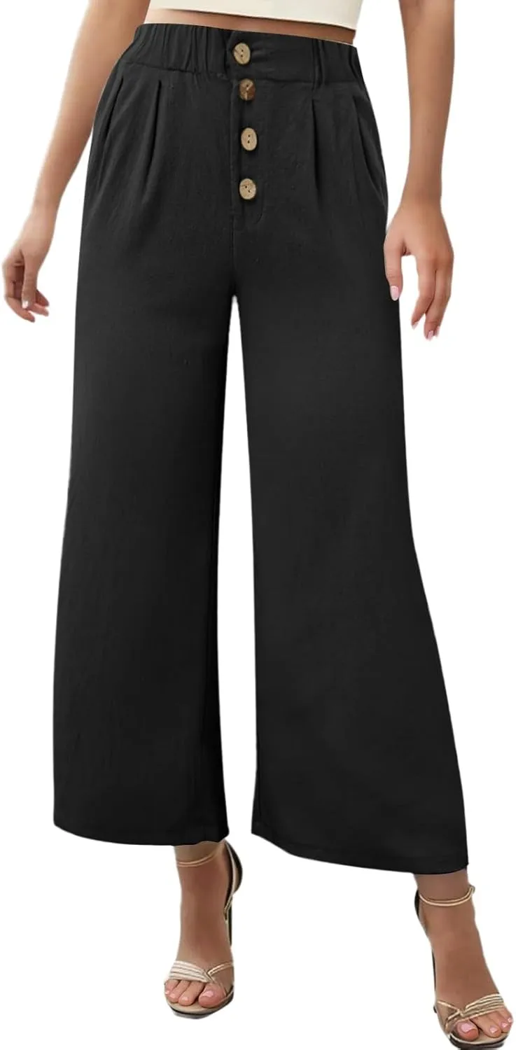 Women High Waisted Linen Pants Elastic Waisted Wide Leg Trousers Casual Loose Fit Lightweight Summer Beach Pants