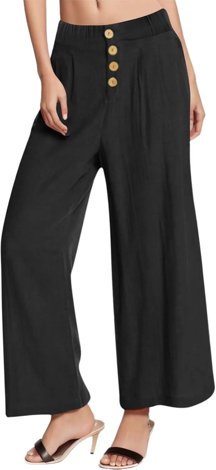 Women High Waisted Linen Pants Elastic Waisted Wide Leg Trousers Casual Loose Fit Lightweight Summer Beach Pants