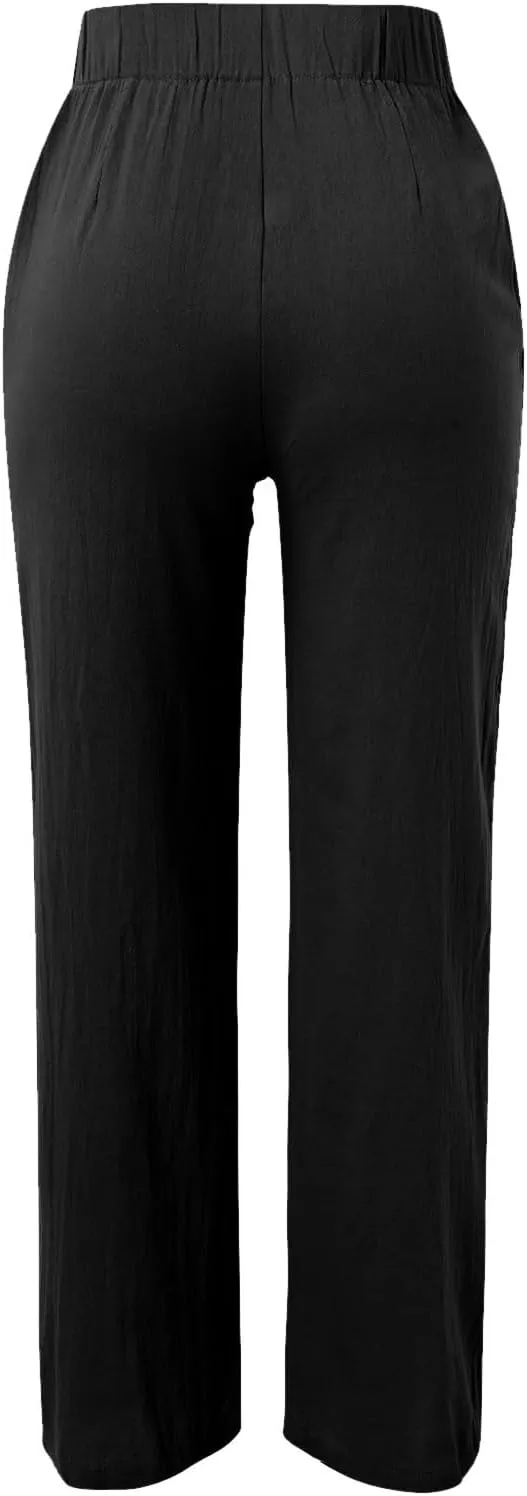 Women High Waisted Linen Pants Elastic Waisted Wide Leg Trousers Casual Loose Fit Lightweight Summer Beach Pants