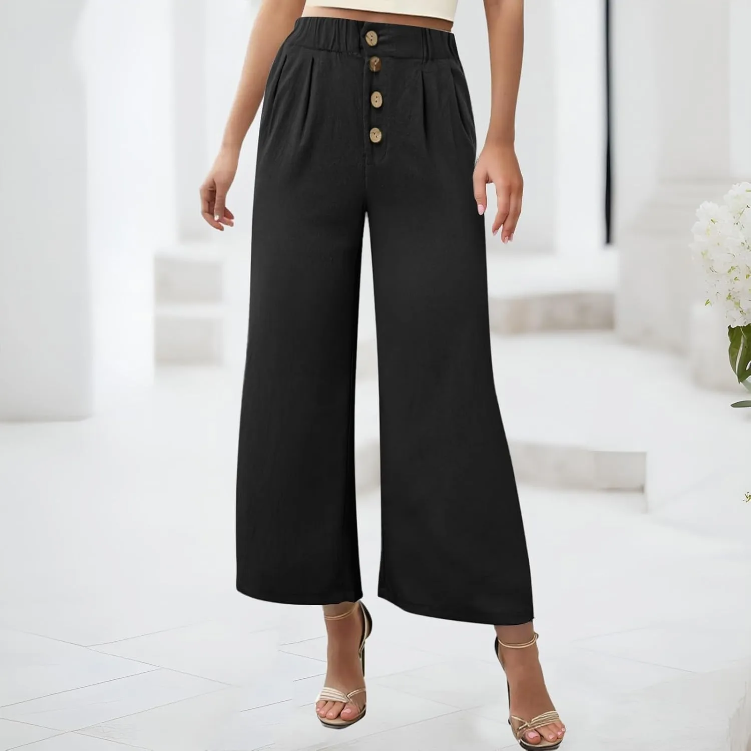 Women High Waisted Linen Pants Elastic Waisted Wide Leg Trousers Casual Loose Fit Lightweight Summer Beach Pants