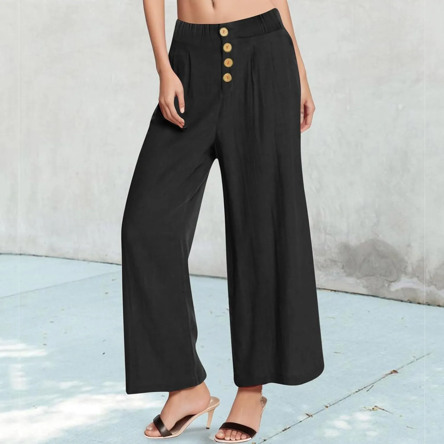 Women High Waisted Linen Pants Elastic Waisted Wide Leg Trousers Casual Loose Fit Lightweight Summer Beach Pants