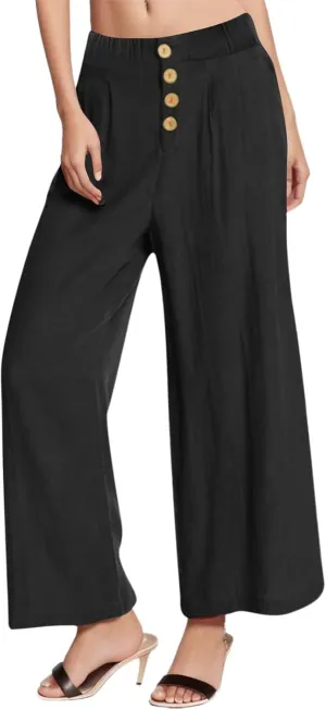 Women High Waisted Linen Pants Elastic Waisted Wide Leg Trousers Casual Loose Fit Lightweight Summer Beach Pants