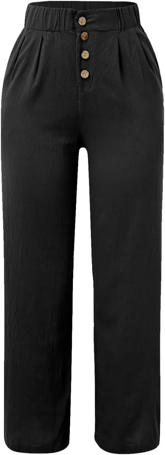 Women High Waisted Linen Pants Elastic Waisted Wide Leg Trousers Casual Loose Fit Lightweight Summer Beach Pants