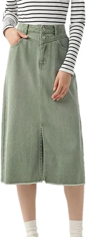 Women High Waisted Slit Straight Denim Skirt Summer Vintage Casual Jean Skirts with Pockets