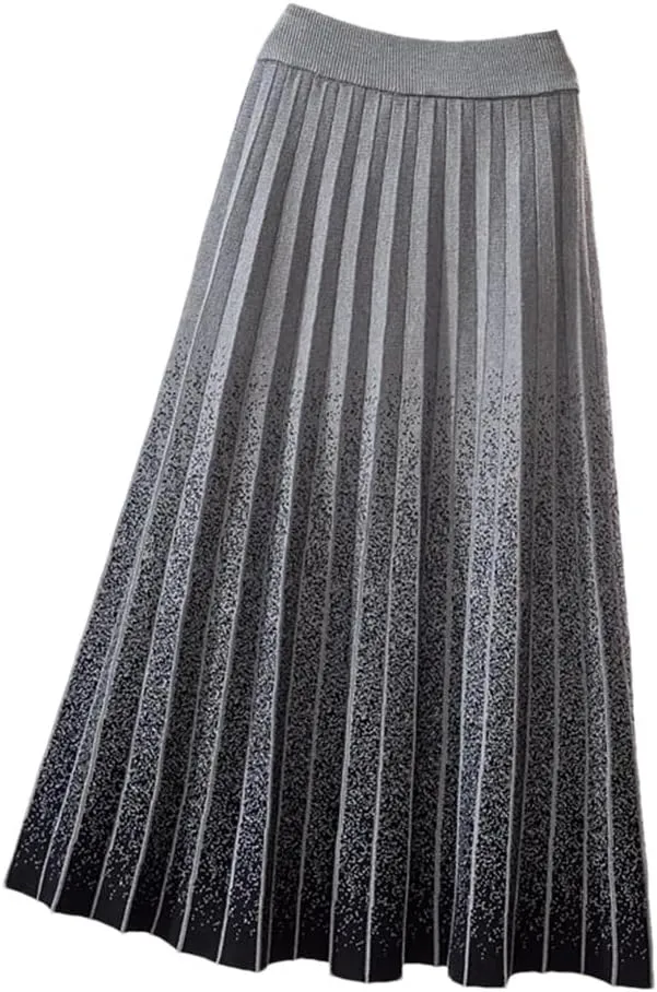 Women Knitted Long Skirt Fall Winter Thick Warm Aesthetic Gradient A Line High Waist Pleated Midi Skirt