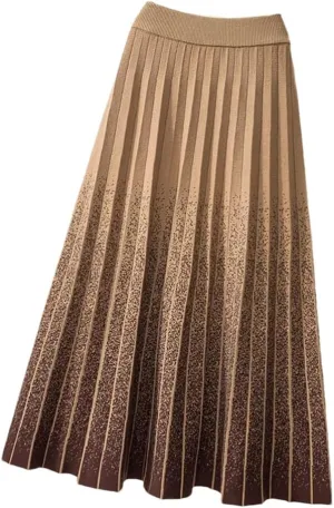 Women Knitted Long Skirt Fall Winter Thick Warm Aesthetic Gradient A Line High Waist Pleated Midi Skirt