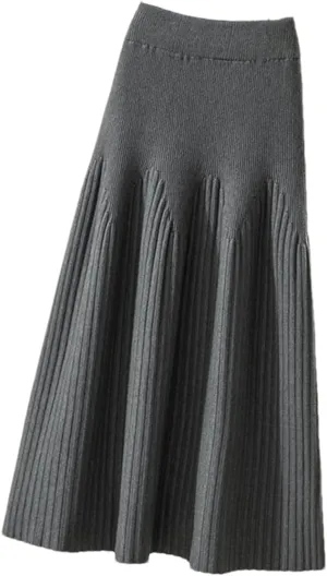 Women Knitted Midi Long Skirt Autumn Winter A Line High Waist Pleated Mid-Length Skirt Female