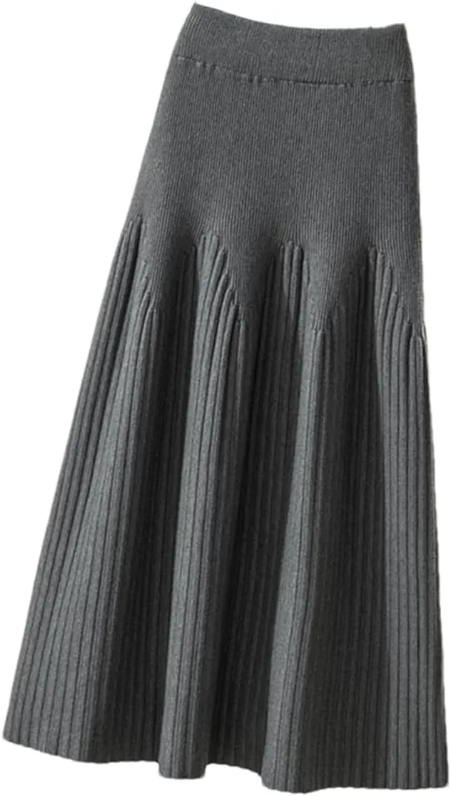 Women Knitted Midi Long Skirt Autumn Winter A Line High Waist Pleated Mid-Length Skirt Female