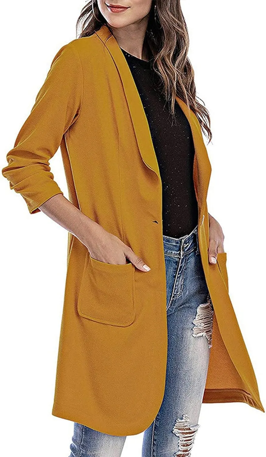 Women Lapel Trench Button Long Open Front Cardigan Coats Casual Lightweight Solid Jacket with Pockets Fall Pluz Size