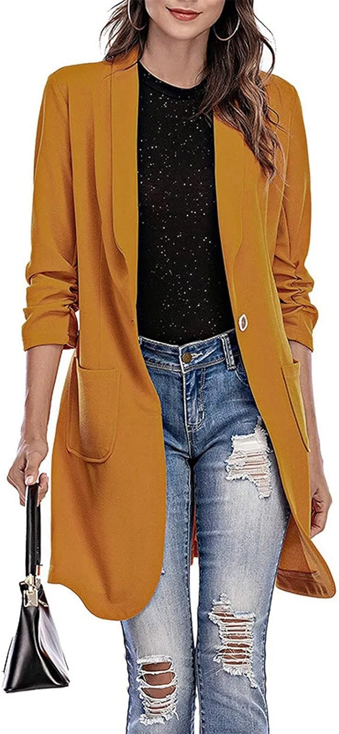 Women Lapel Trench Button Long Open Front Cardigan Coats Casual Lightweight Solid Jacket with Pockets Fall Pluz Size