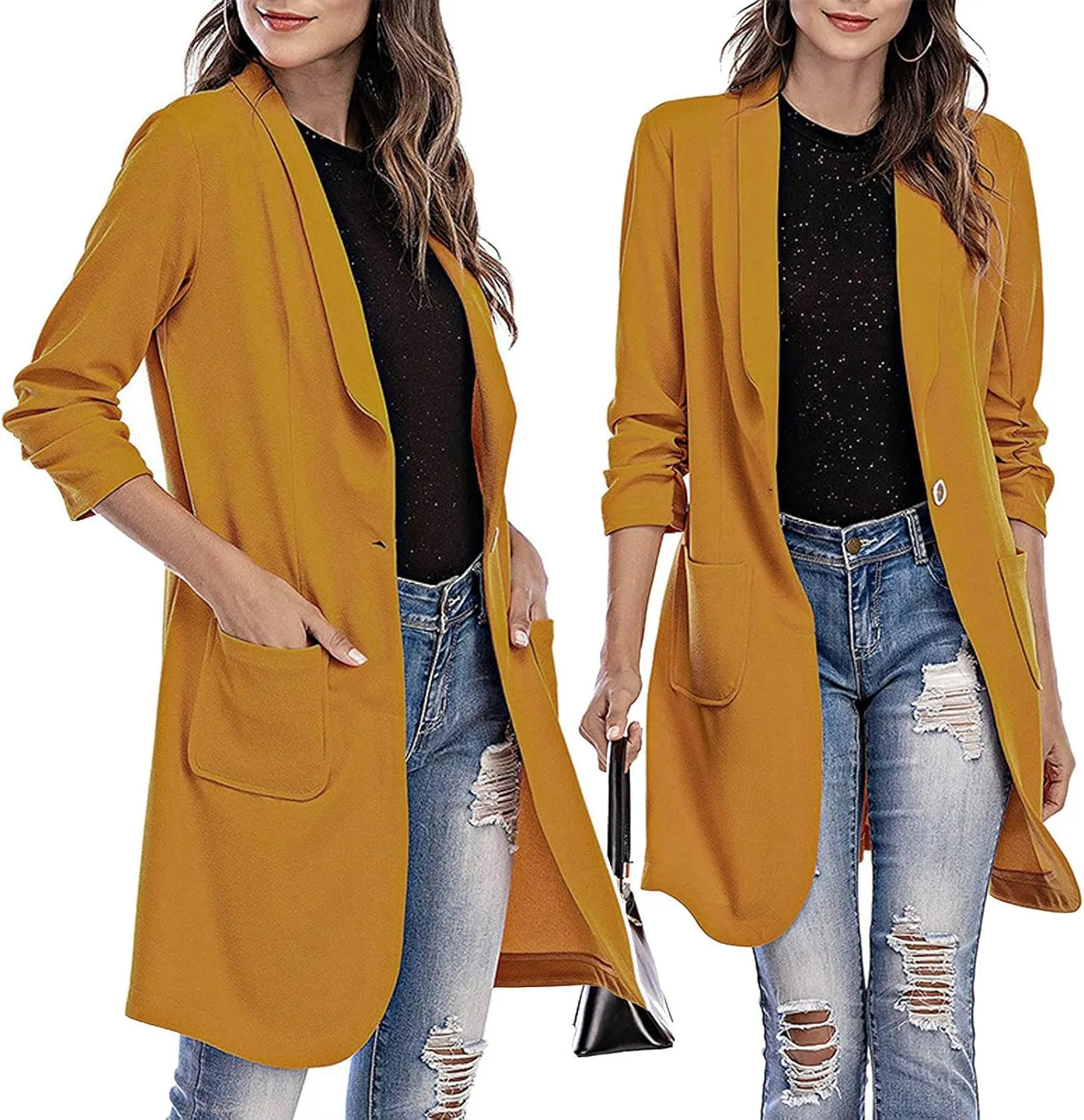 Women Lapel Trench Button Long Open Front Cardigan Coats Casual Lightweight Solid Jacket with Pockets Fall Pluz Size