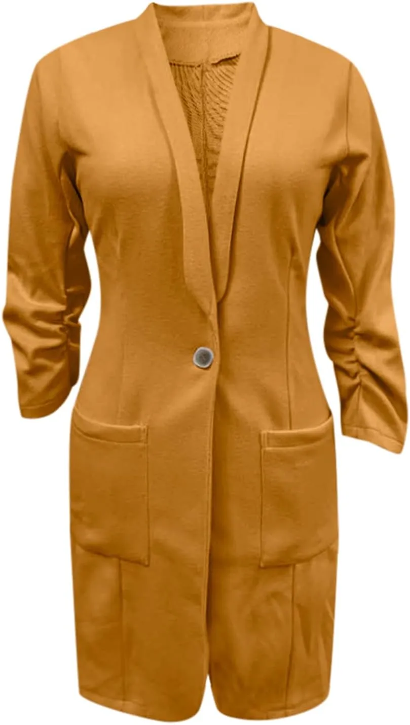Women Lapel Trench Button Long Open Front Cardigan Coats Casual Lightweight Solid Jacket with Pockets Fall Pluz Size