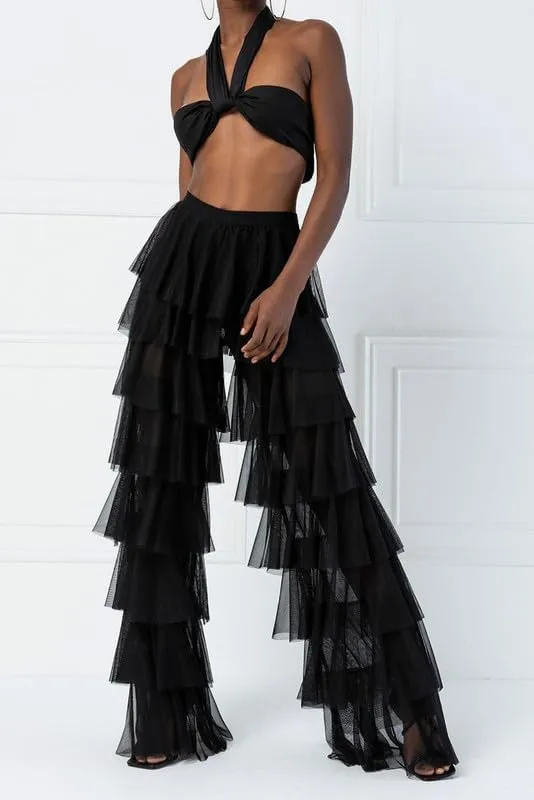 Women Layer Ruffle Tulle Long Pants High Waist See Through Mesh Flare Pants Fairy Sweet Wide Leg Trousers